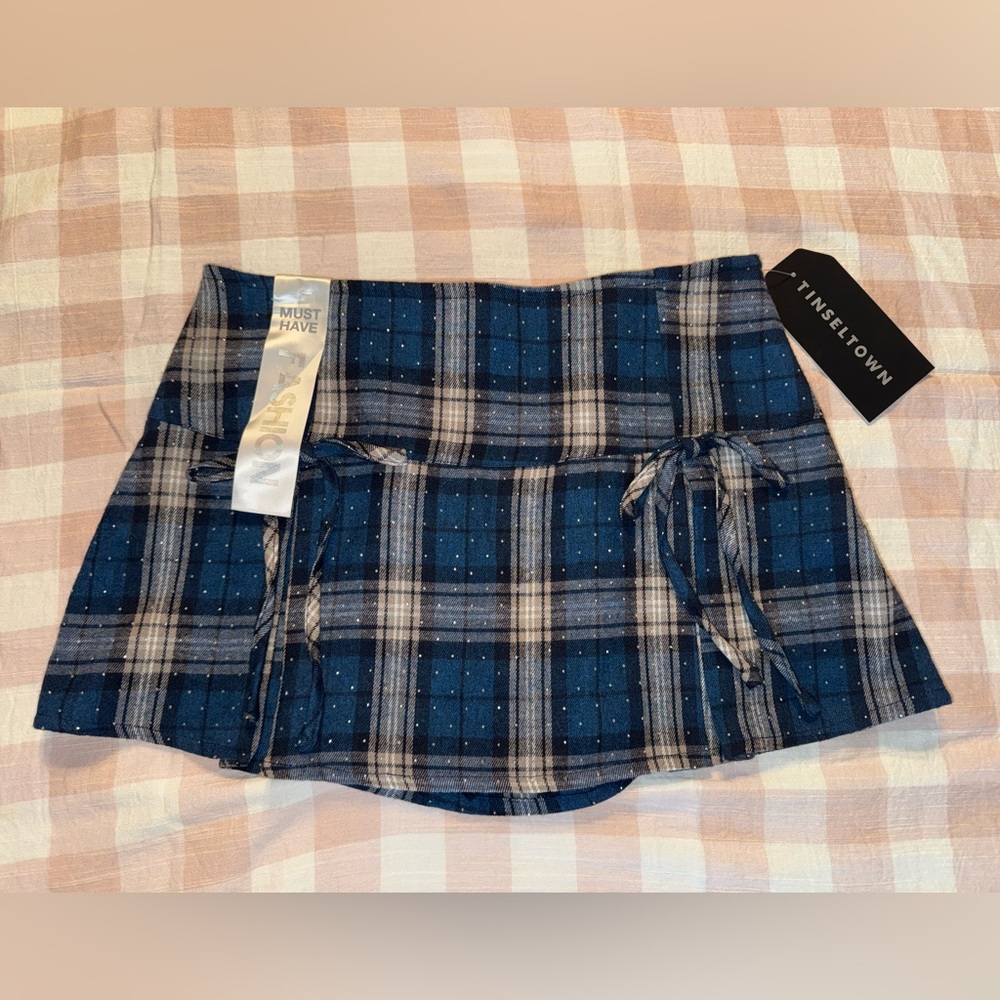 Tinseltown Navy and White Plaid Mini Skirt with Side Ties